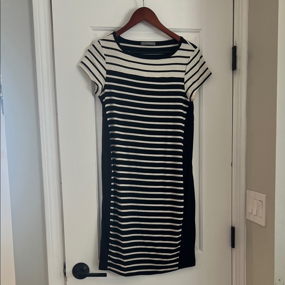 Loveappella Maternity Black and White Striped Short Sleeve Midi Dress